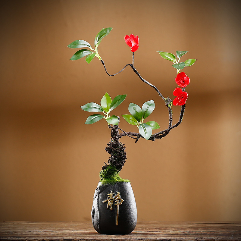 中式陶瓷花瓶仿真干花盆景摆件套装小植物客厅桌面装饰假花松树