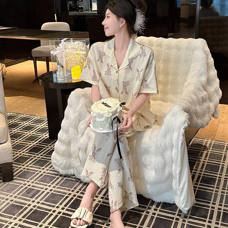 新品睡衣女夏季云朵棉春夏款带胸垫卡通短袖宽松大码家居服两件套