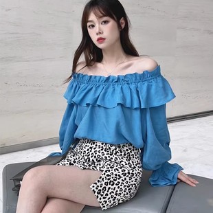 夏季女士露肩衬衫衬衣喇叭袖荷叶边一字领泡泡袖显瘦减龄甜美