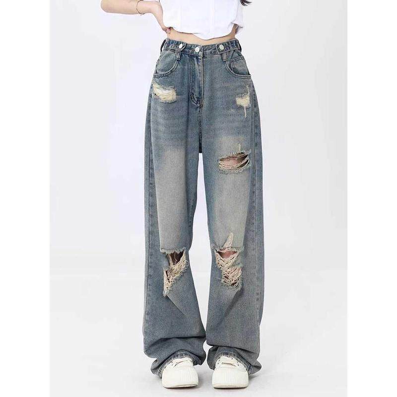 美式破洞女直筒大码胖mm梨型身材设计感显瘦阔腿裤,女装/女士精品,大码裤装,淘宝优惠券,粉丝福利购,淘宝优惠卷