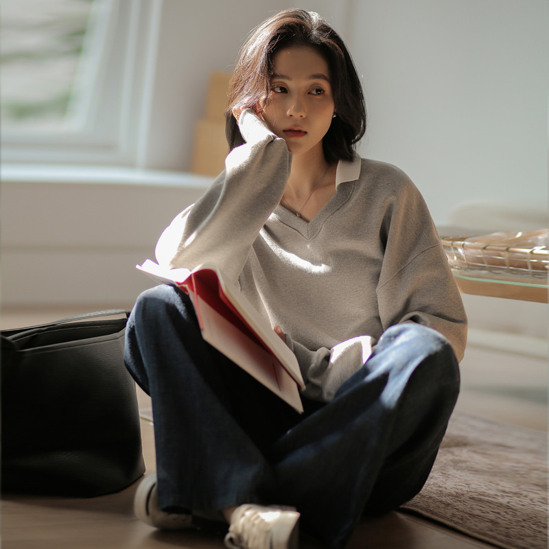 无谓文艺2025春季新款长袖V领休闲气质宽松薄款套头女