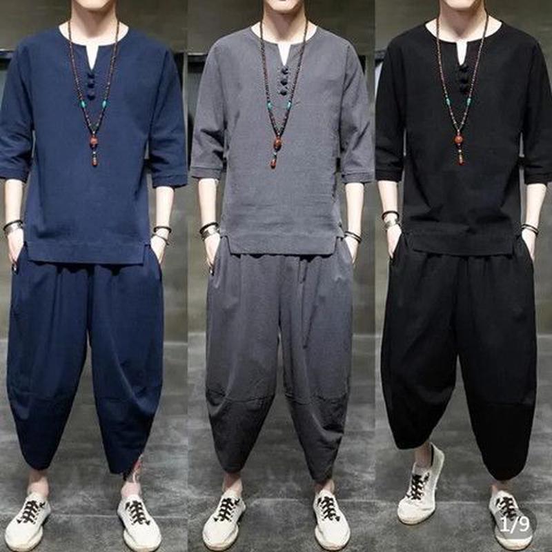 亚麻男恤套装中国风男装佛系唐装夏季复古风汉服禅服茶服棉麻衣