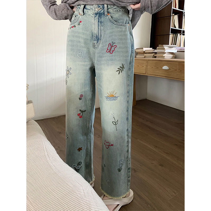 胖mm韩版个性刺绣直筒女大码显瘦毛边九分阔腿,女装/女士精品,大码裤装,淘宝优惠券,粉丝福利购,淘宝优惠卷