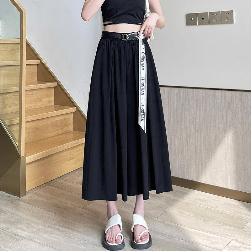 黑色冰丝阔腿裤女夏季薄款垂感a字凉凉裤中长款七八分裙裤女