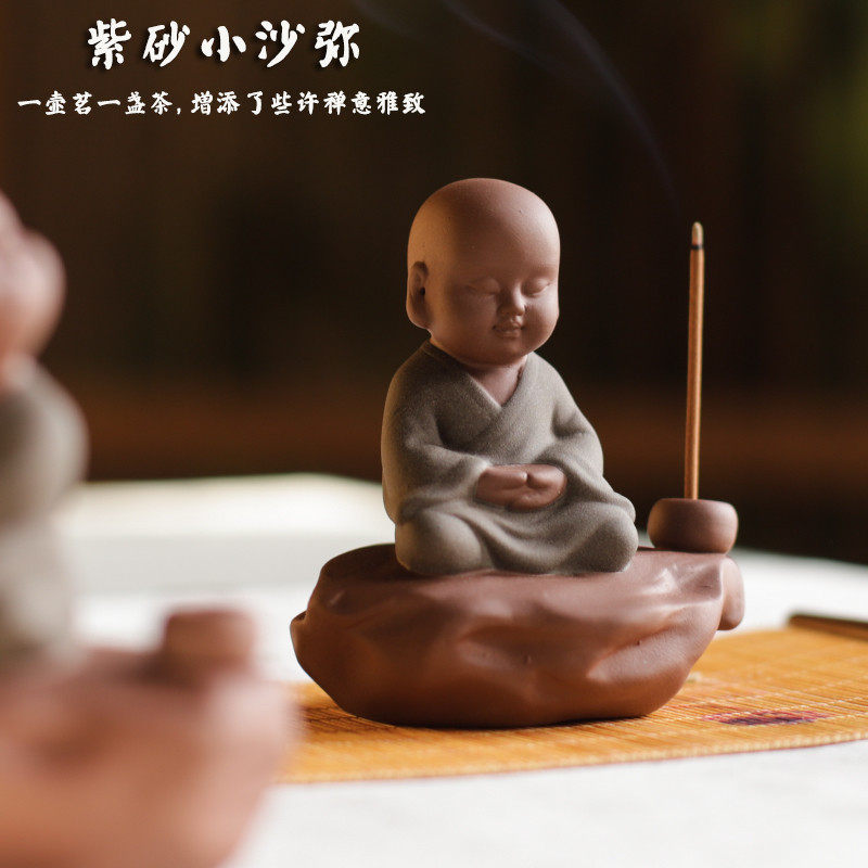 紫砂小沙弥线香插茶道摆件家用室内香薰炉香座香托檀,家居饰品,香薰炉,淘宝优惠券,粉丝福利购,淘宝优惠卷