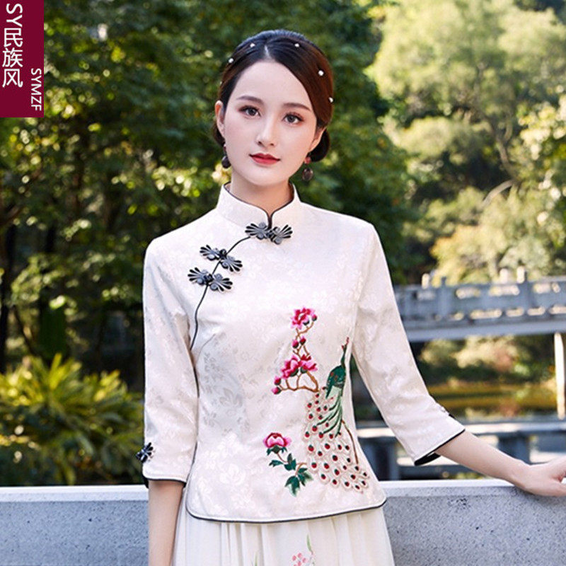 民国风中式盘扣改良短中国风刺绣衬衫茶艺服