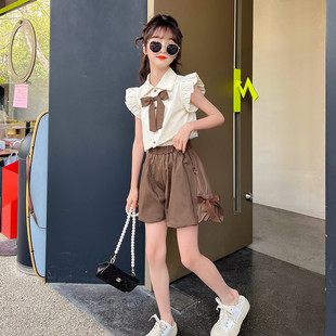 女大童夏装花苞套装2024新款女孩荷叶边小飞袖夏季衬衫两件套
