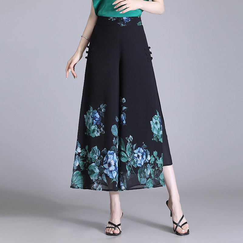 中国风花色雪纺阔腿裤女夏季薄款宽松盘扣显瘦九分裤裙裤,女装/女士精品,休闲裤,淘宝优惠券,粉丝福利购,淘宝优惠卷