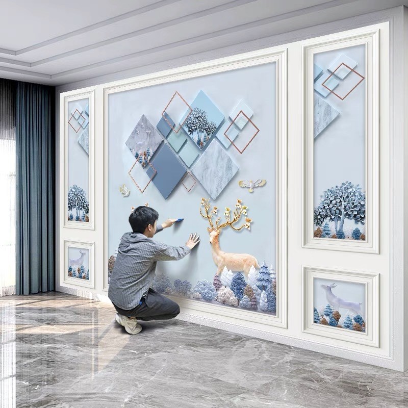 8D北欧发财鹿竹木纤维电视背景墙集成墙板客厅影视墙自带边框扣板