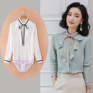 2023白色长袖连体衬衫女新款时尚结系带连裤衬衣雪纺荷叶边