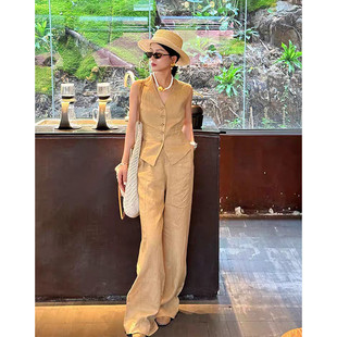 亚麻套装女2024夏季高级感时尚气质马甲阔腿裤两件套