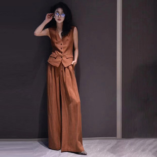 亚麻夏季高级感休闲时尚套装女马甲2025新款薄款垂感阔腿裤两件套