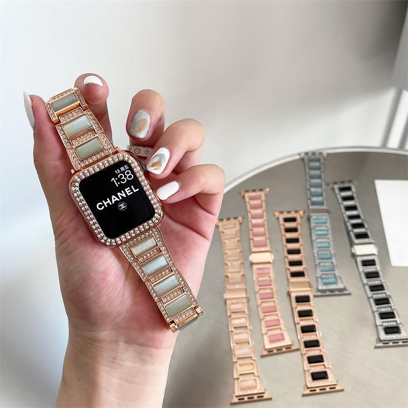 适用applewatch苹果手表s7iwatch6代54321猫眼石奢华镶钻金属表带