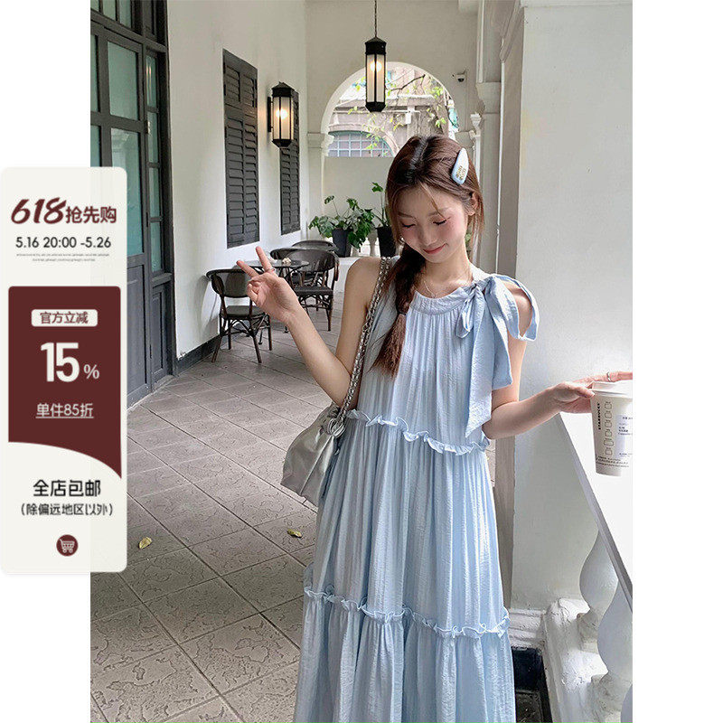 甜美木耳边系带挂脖女大裙摆宽松显瘦肌理感无袖子