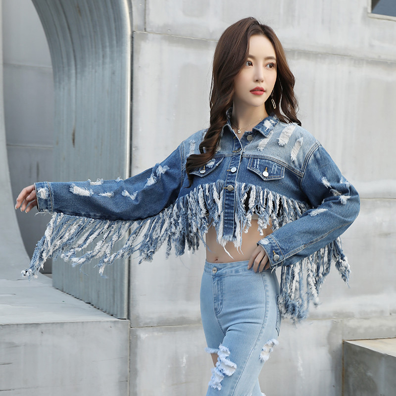 潮流网红短款牛仔女2024新款韩版破洞烂流苏牛仔衣搭