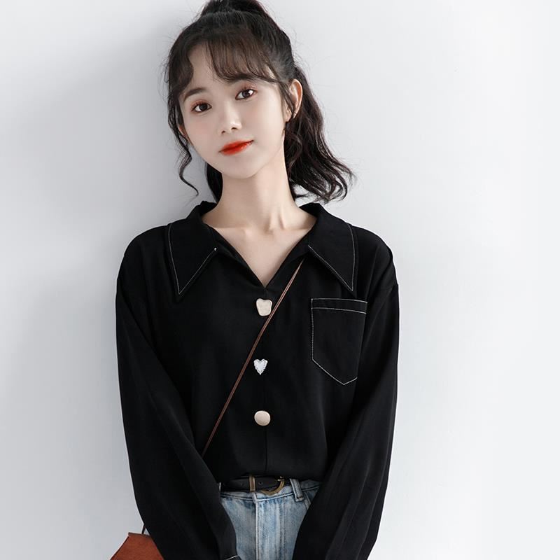 黑衬衣女设计感小众2024春秋新款港风黑色长袖衬衫宽松休闲潮