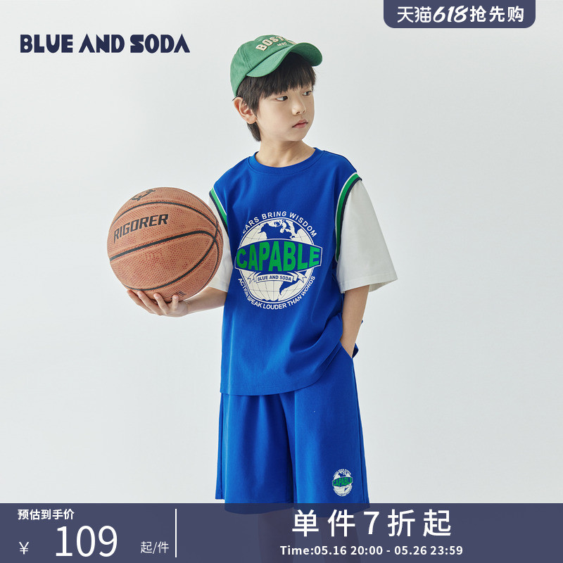 蓝汽水25夏季款男童拼色假两件运动套装儿童凉感五分裤两件套