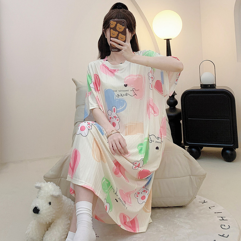 推荐可爱睡裙女士夏季短袖冰丝卡通睡衣加肥大码薄款孕妇家居服连