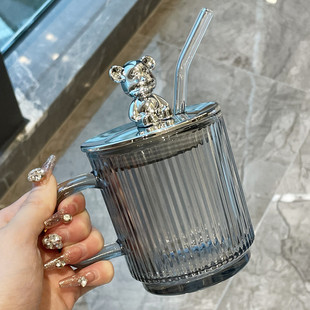 轻奢水杯夏季 推荐 女高级感玻璃杯咖啡杯家用吸管杯带盖情侣杯子男