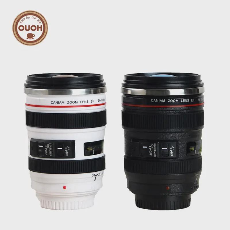 创意相机镜头杯水杯子camera lens cup六代黑白不锈钢咖啡杯黑色