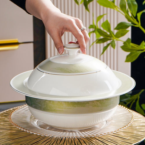 中式骨瓷家用大容量草帽品锅金边带盖大汤锅汤盆陶瓷汤碗餐具大碗