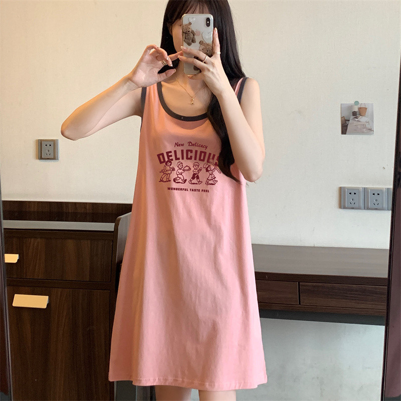 现货夏天高级感卡通无袖背心吊带中长款连衣裙纯棉睡裙可外穿全棉