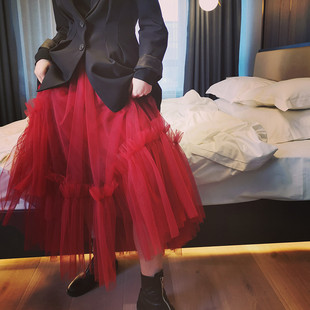 酒红色纱裙女小个子2024年春夏气质中长款仙女裙蓬蓬裙