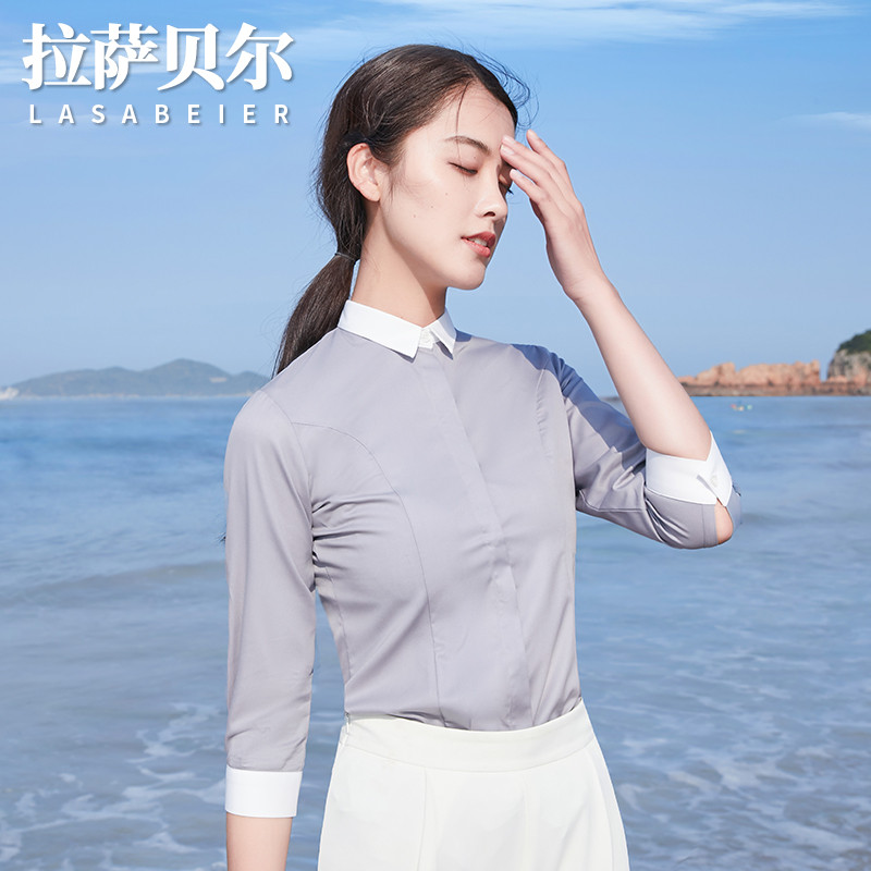 撞色方领白衬衫女时尚百搭拼接气质韩版显瘦职业面试正装