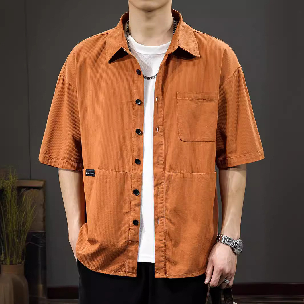 高端夏季薄款短袖衬衫男纯棉宽松休闲五分袖潮牌痞帅半袖工装衬衣