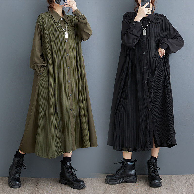 纯色秋装新款暗黑双层压褶拼接长袖时尚显瘦百褶衬衫裙垂感,女装/女士精品,连衣裙,淘宝优惠券,粉丝福利购,淘宝优惠卷