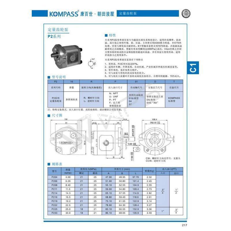 拍前询价台湾康百世KOMPASS齿轮泵P206RN01DT P206RP01DT P206RU0