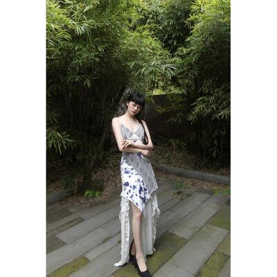 小菊川/蓝溪花雪裙 小清新碎花蕾丝拼接中式不规则