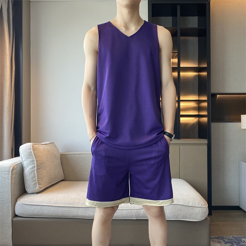 D潮牌篮球服顺心夏季运动套装冰丝两面穿潮公版短裤大码男装训练
