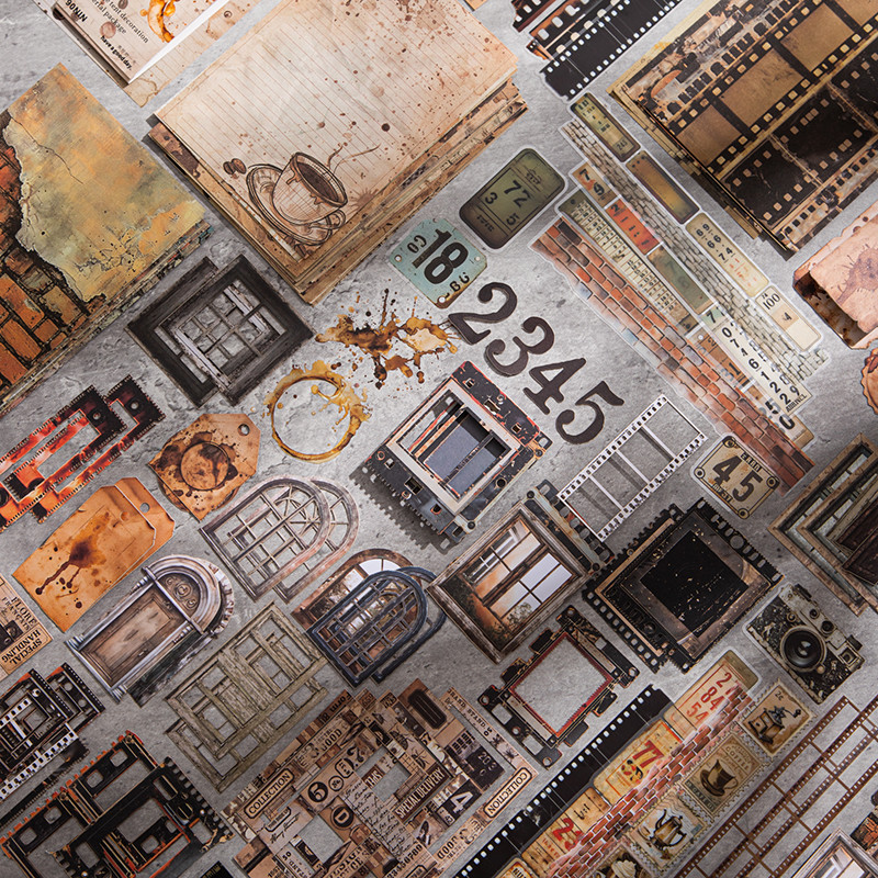 复古手账素材包套装 电影胶片标签门窗咖啡手稿手帐装饰素材贴纸