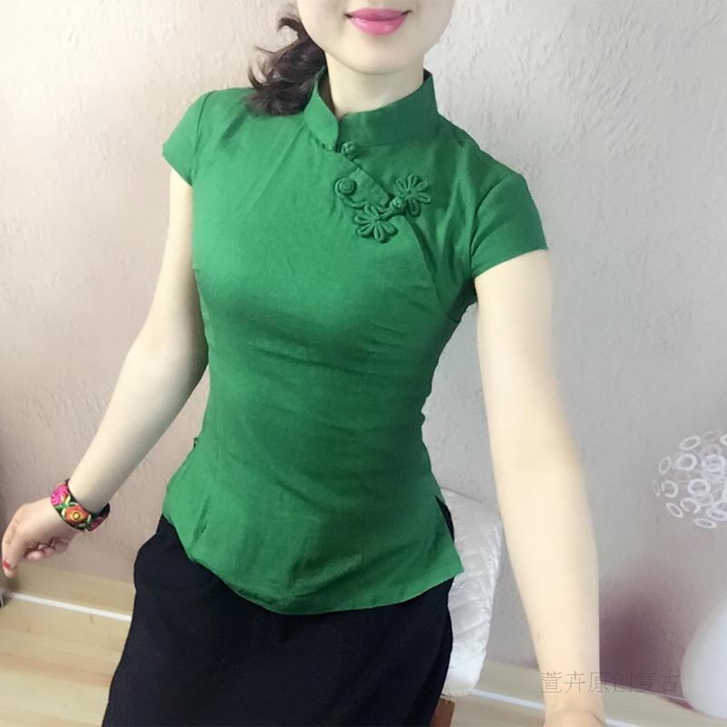 中国风中式改良女夏茶艺师服装盘扣茶人服