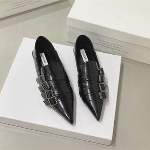 扣尖头深口单鞋女2023秋款平底套脚小皮鞋韩版个性青年女鞋潮