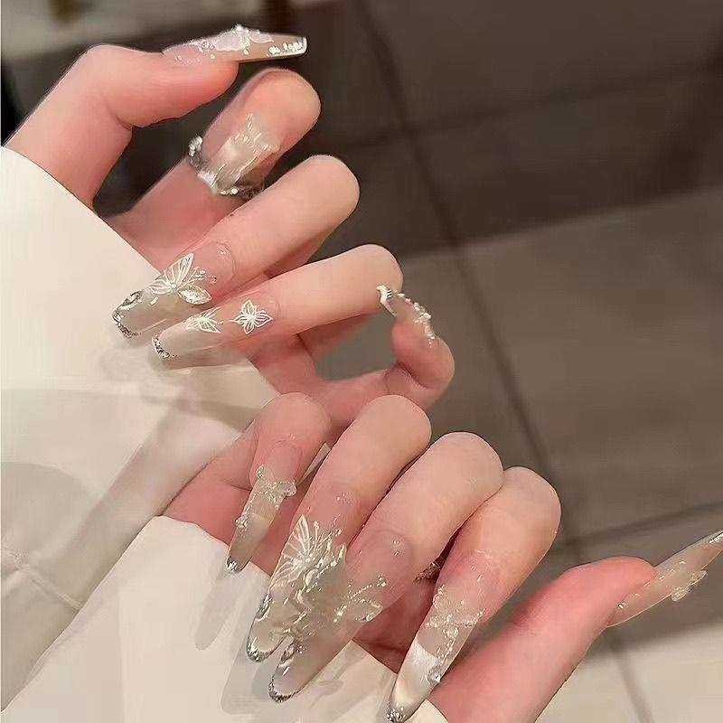 冰露晨蝶猫眼蝴蝶纯手工美甲穿戴指甲贴片高级显白超长气质