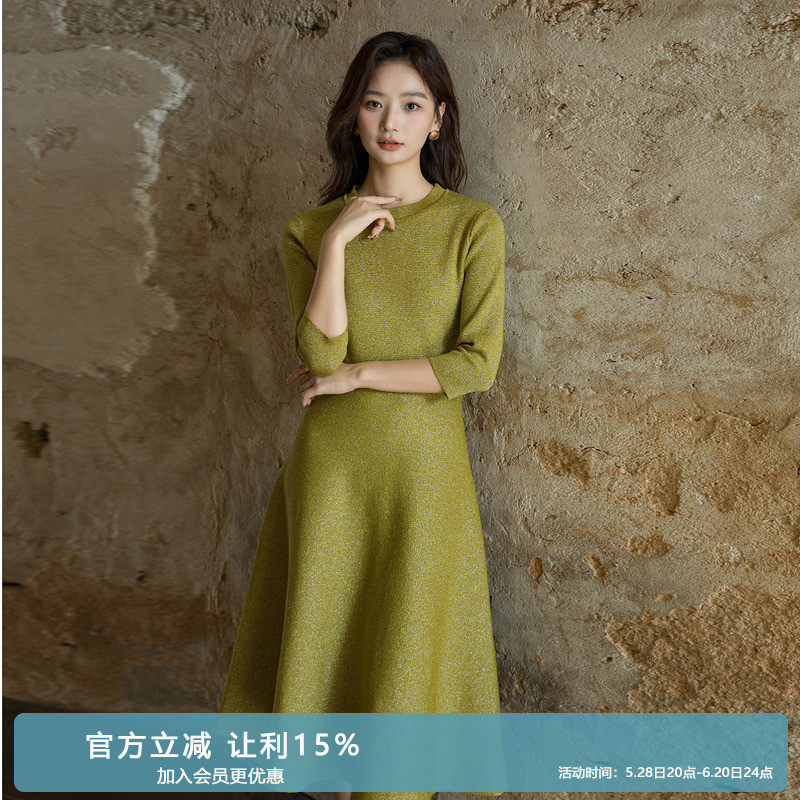 芭知彩毛衣打底春夏气质女神范赫本风长款过膝蓝色