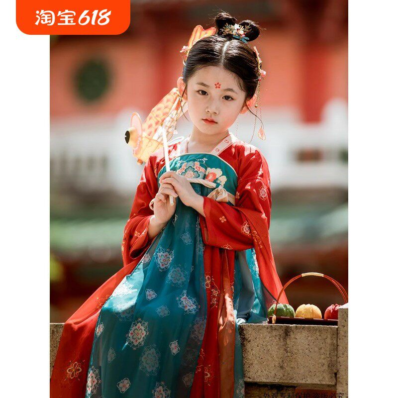 唐代红蓝配色襦裙春夏小女孩中国风中秋表演