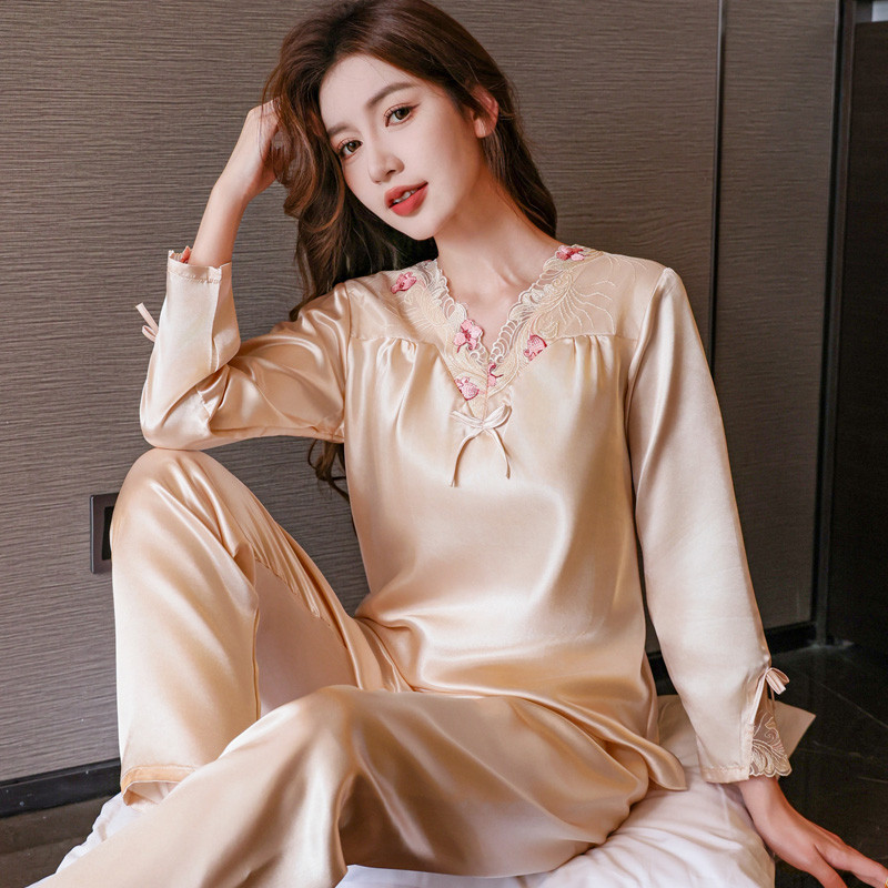 现货韩版丝绸睡衣女春秋长袖性感可爱家居服大码两件套装冰丝夏季