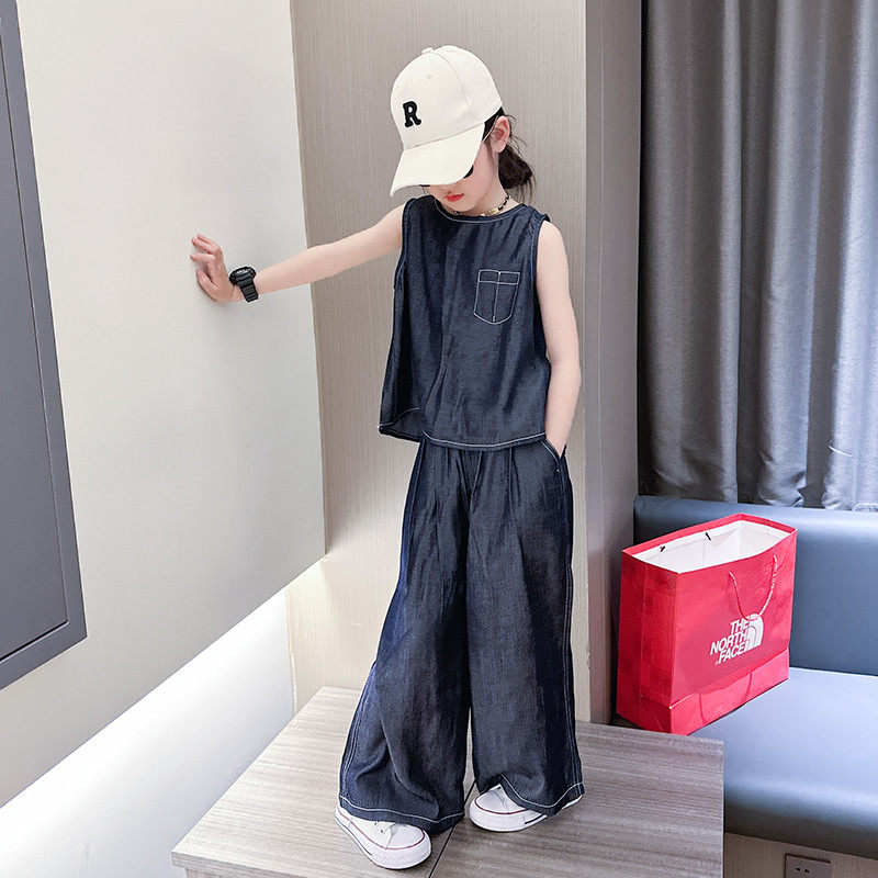 套装夏季宽松阔腿裤时尚显瘦气质牛仔无袖洋气薄款百搭潮,童装/婴儿装/亲子装,套装,淘宝优惠券,粉丝福利购,淘宝优惠卷