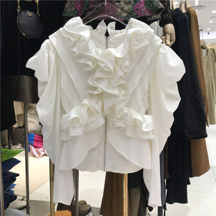 时尚洋气压褶立体木耳边拼接V领气质长袖雪纺衬衫女拉链显瘦