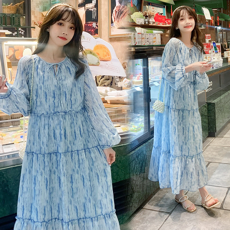 孕妇装春装2025新款时尚长袖印花雪纺春季韩版洋气孕妇裙春