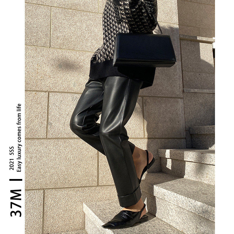 2025春季新款加绒加厚翻边皮裤女宽松直筒休闲九分裤,女装/女士精品,休闲裤,淘宝优惠券,粉丝福利购,淘宝优惠卷