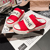 新款 字母魔术贴帆布露趾一字凉鞋 托外穿拖鞋 2025夏季 平底休闲女鞋