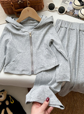 运动套装春秋款2025新款小童洋气时髦灰色连帽开衫阔腿裤