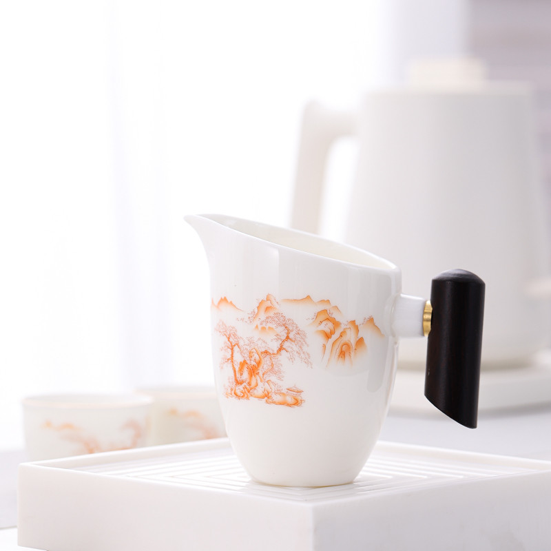 日式白瓷公道杯用功夫茶具羊脂玉茶海分茶器木把公杯茶漏杯
