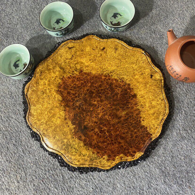 瘿木垫板缅花瘤文承盘实木壶承圆盘随型杯垫隔热垫收纳托盘文玩盘
