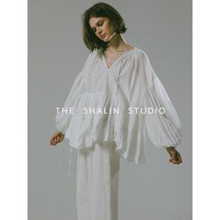 山梨 春夏宽松纯棉白色衬衣袖衬衫女慵懒日系娃娃衫