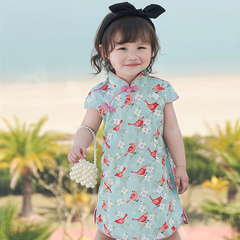 水绿色底红色鸟印花图案 全棉  中式裙,童装/婴儿装/亲子装,旗袍,淘宝优惠券,粉丝福利购,淘宝优惠卷